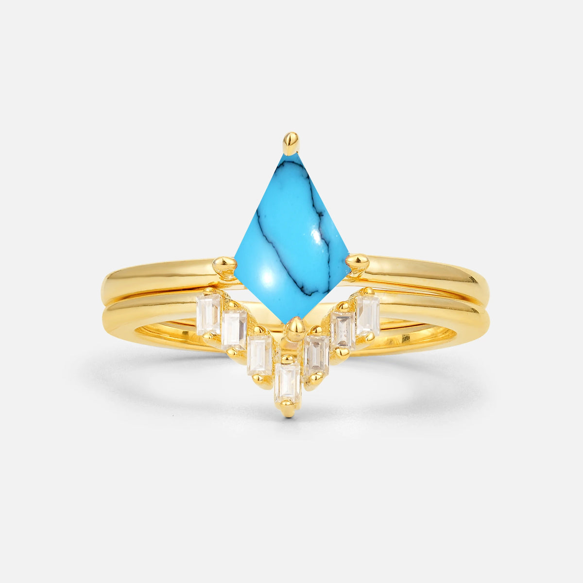 Kite Cut Turquoise Baguette Chevron Bridal Ring Set - Yellow-Gold