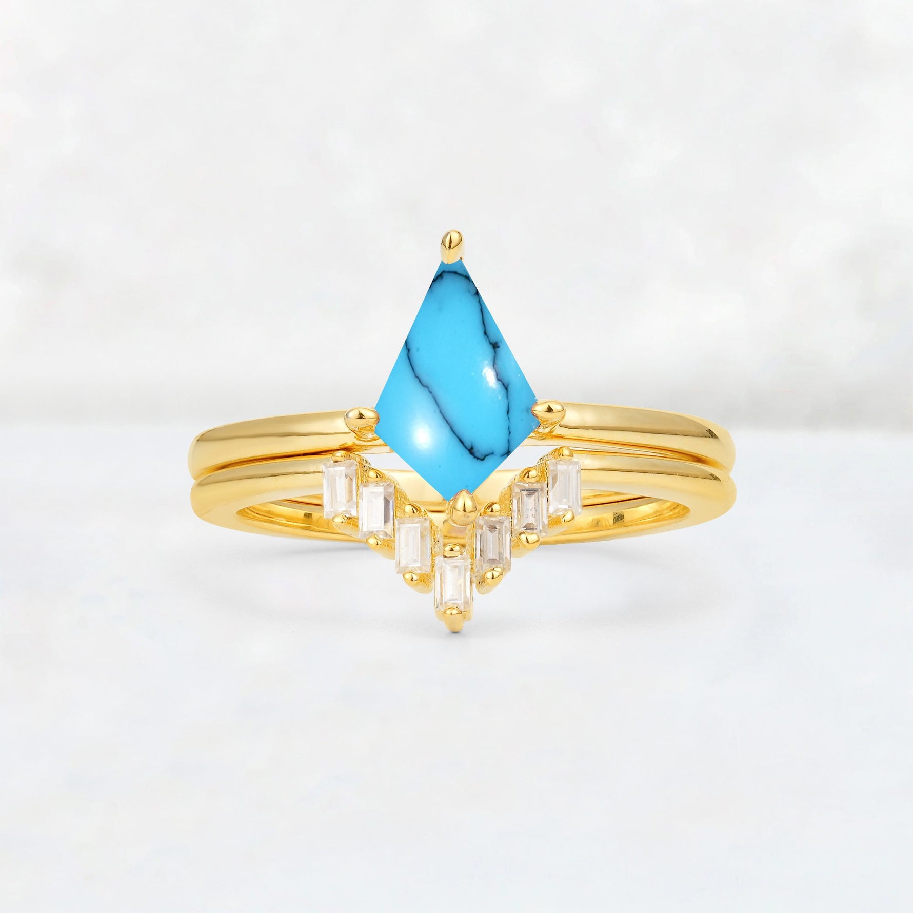 Kite Cut Turquoise Baguette Chevron Bridal Ring Set - Yellow-Gold