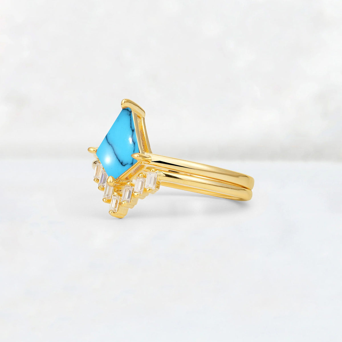 Kite Cut Turquoise Baguette Chevron Bridal Ring Set - Rose-Gold