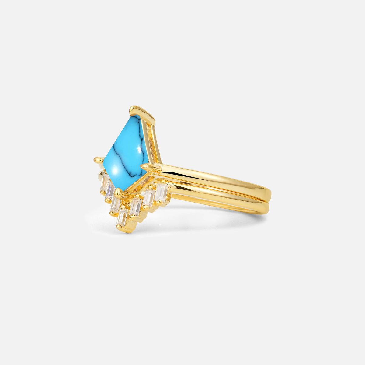 Kite Cut Turquoise Baguette Chevron Bridal Ring Set - Rose-Gold