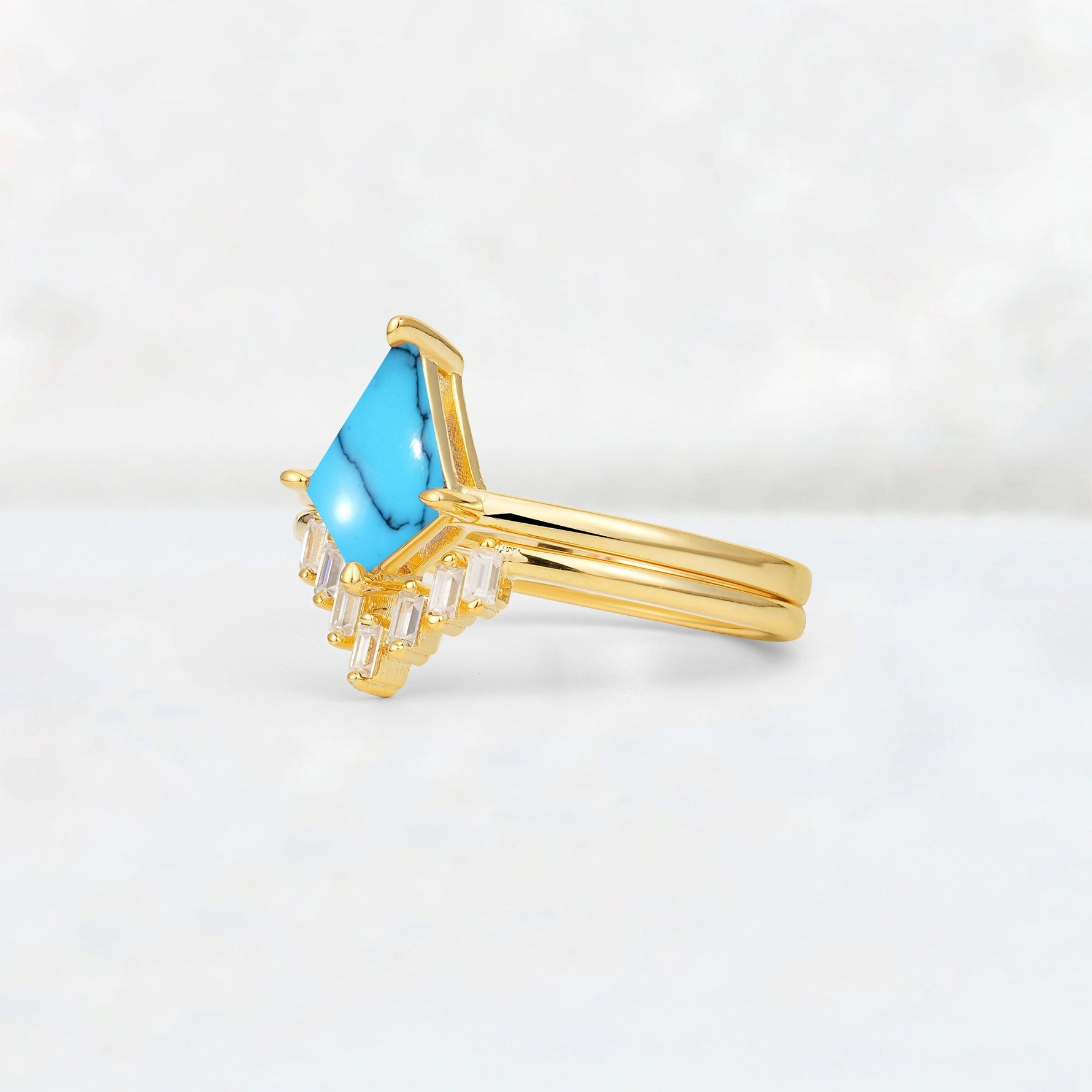 Kite Cut Turquoise Baguette Chevron Bridal Ring Set - Rose-Gold