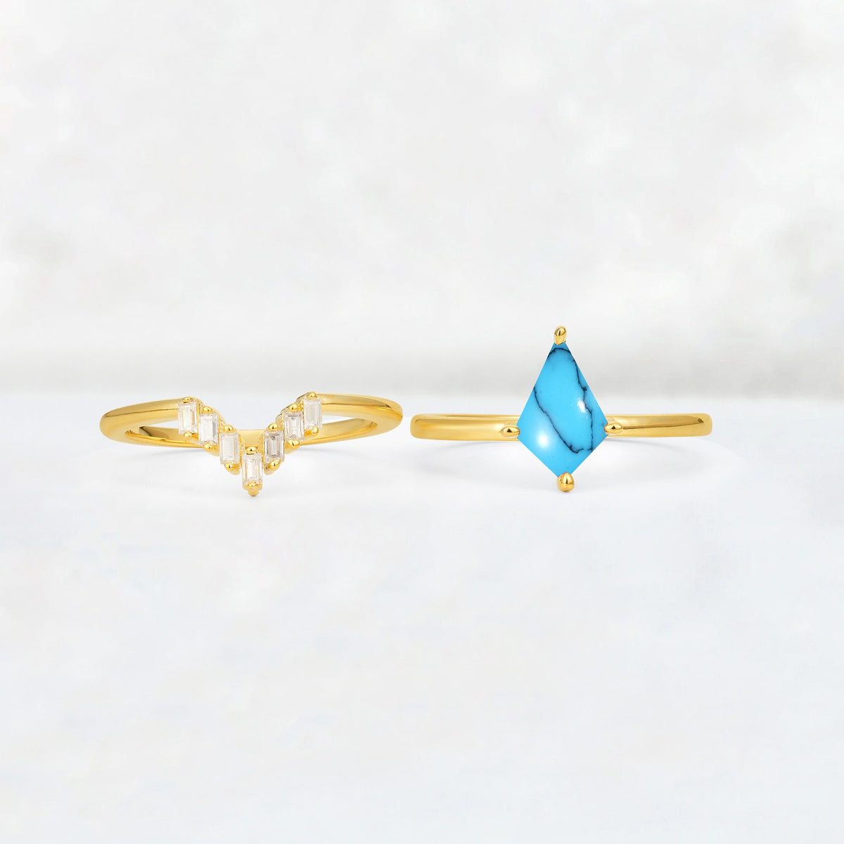 Kite Cut Turquoise Baguette Chevron Bridal Ring Set - White-Gold