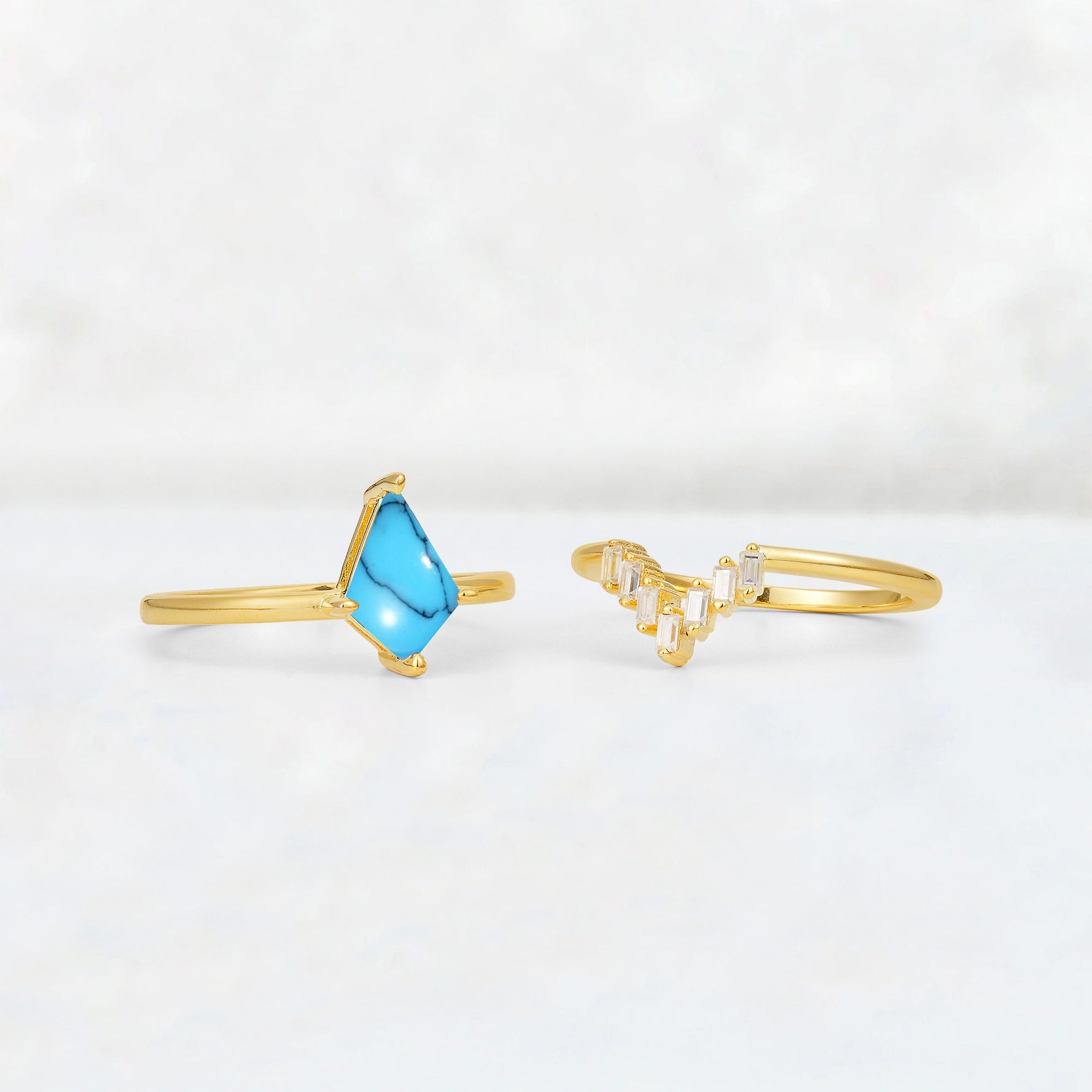 Kite Cut Turquoise Baguette Chevron Bridal Ring Set - Additional view