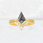 Kite Cut Black Rutilated Quartz Baguette Chevron Bridal Ring Set - Yellow-Gold