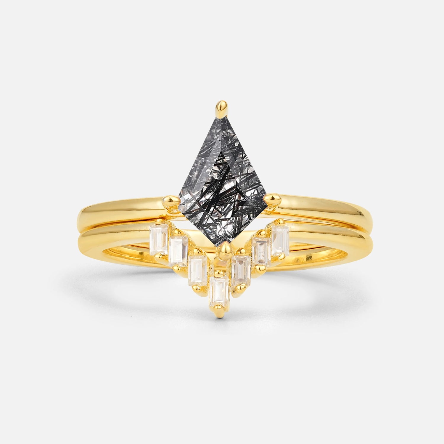 Kite Cut Black Rutilated Quartz Baguette Chevron Bridal Ring Set - Yellow-Gold