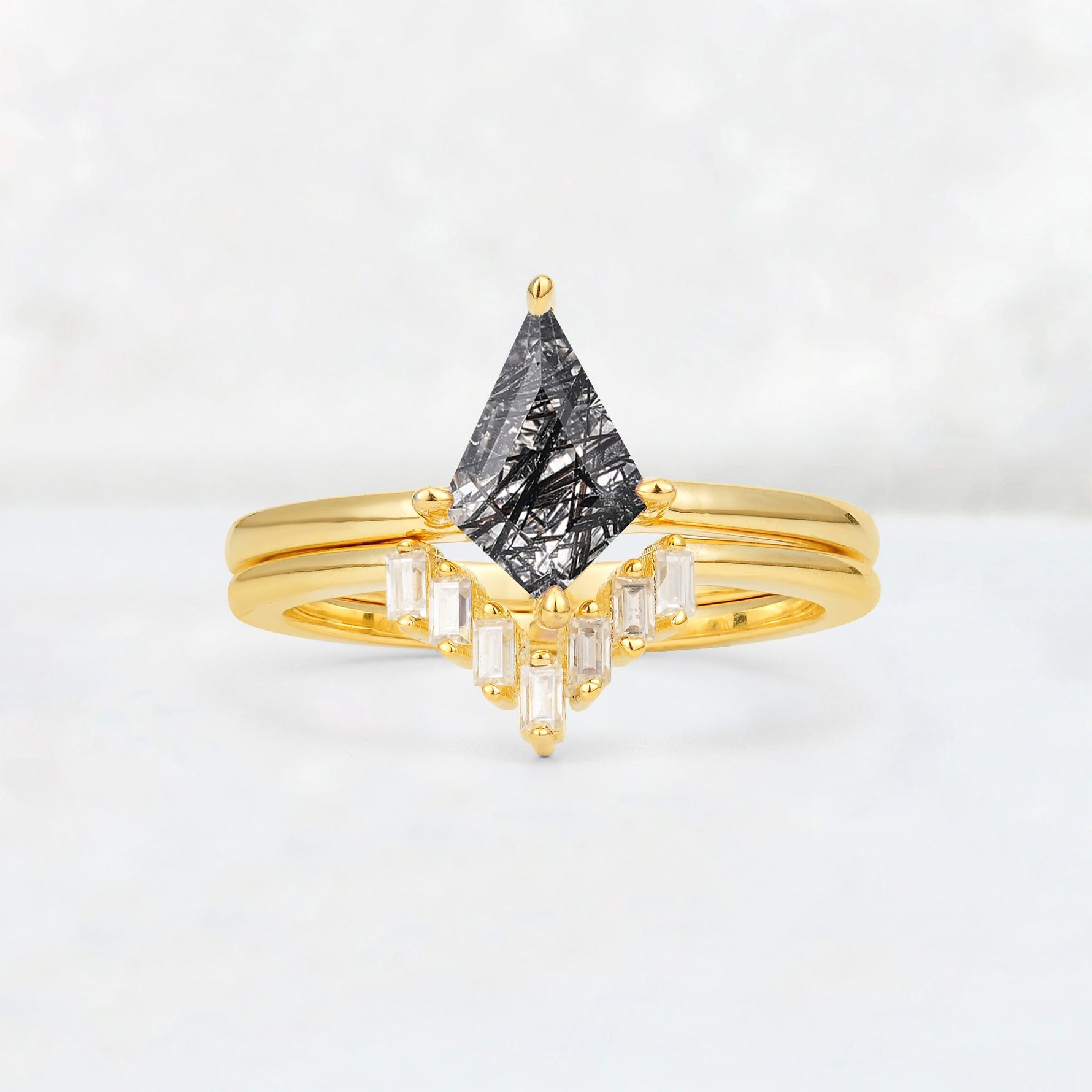 Kite Cut Black Rutilated Quartz Baguette Chevron Bridal Ring Set - Yellow-Gold