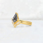 Kite Cut Black Rutilated Quartz Baguette Chevron Bridal Ring Set - Rose-Gold