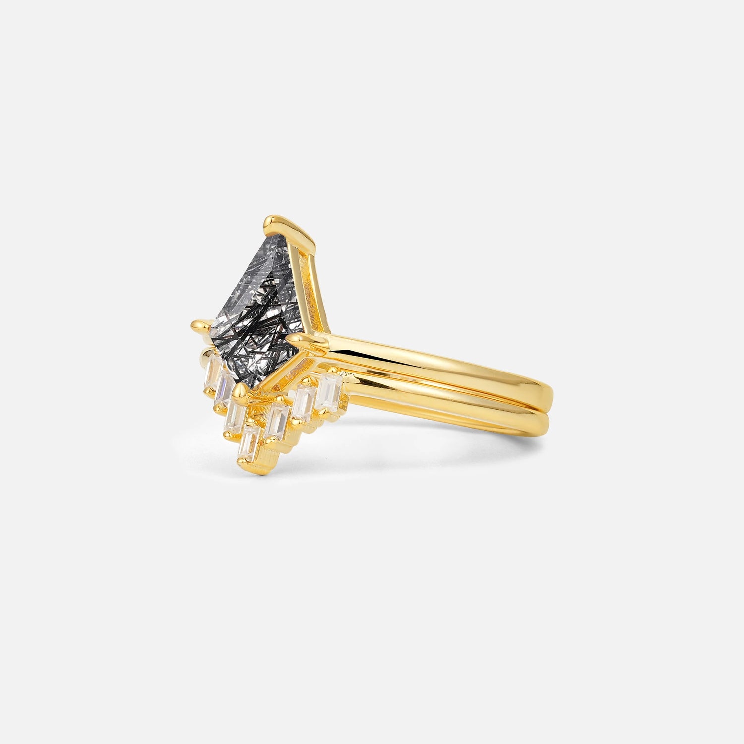 Kite Cut Black Rutilated Quartz Baguette Chevron Bridal Ring Set - Rose-Gold