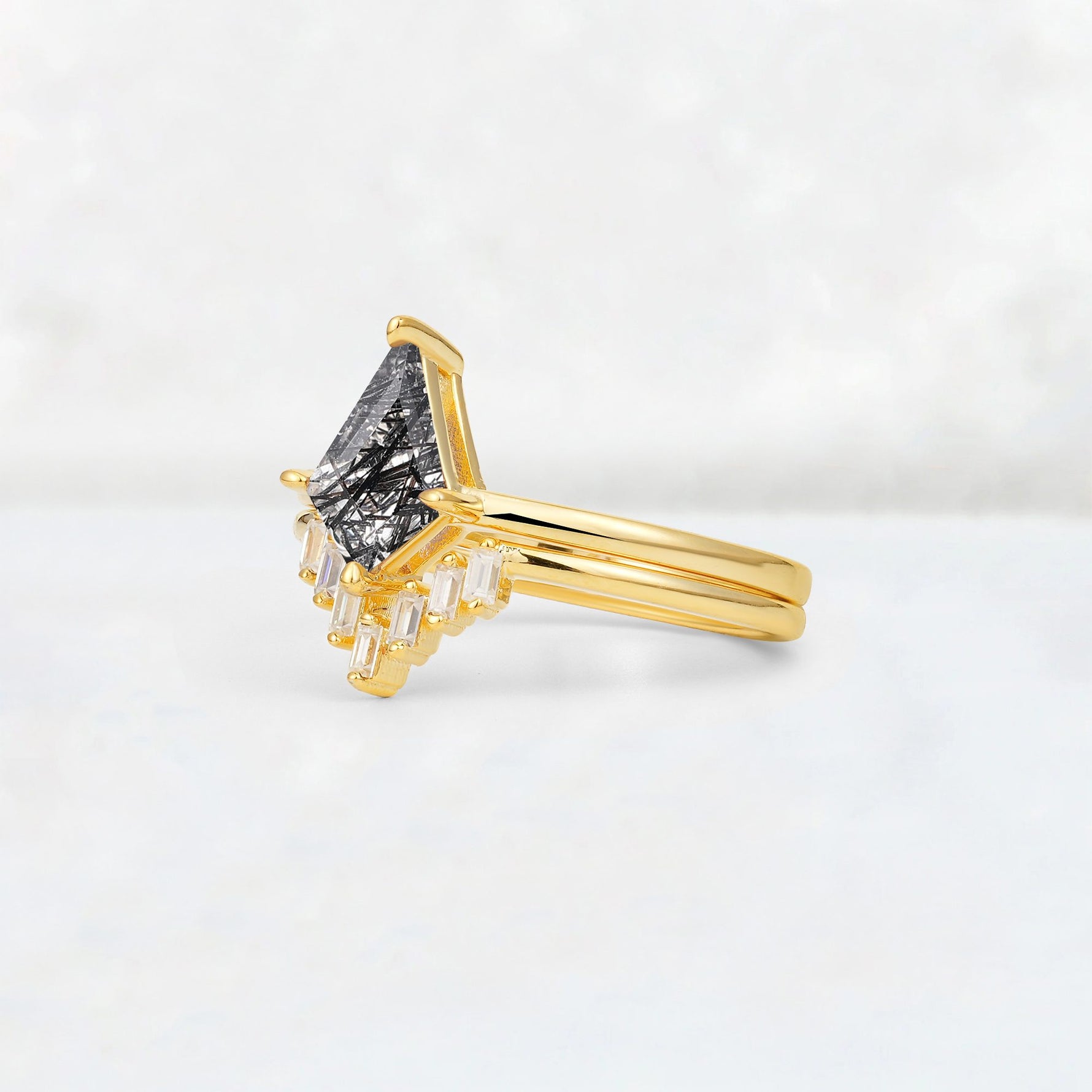 Kite Cut Black Rutilated Quartz Baguette Chevron Bridal Ring Set - Rose-Gold