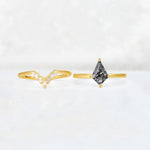 Kite Cut Black Rutilated Quartz Baguette Chevron Bridal Ring Set - White-Gold
