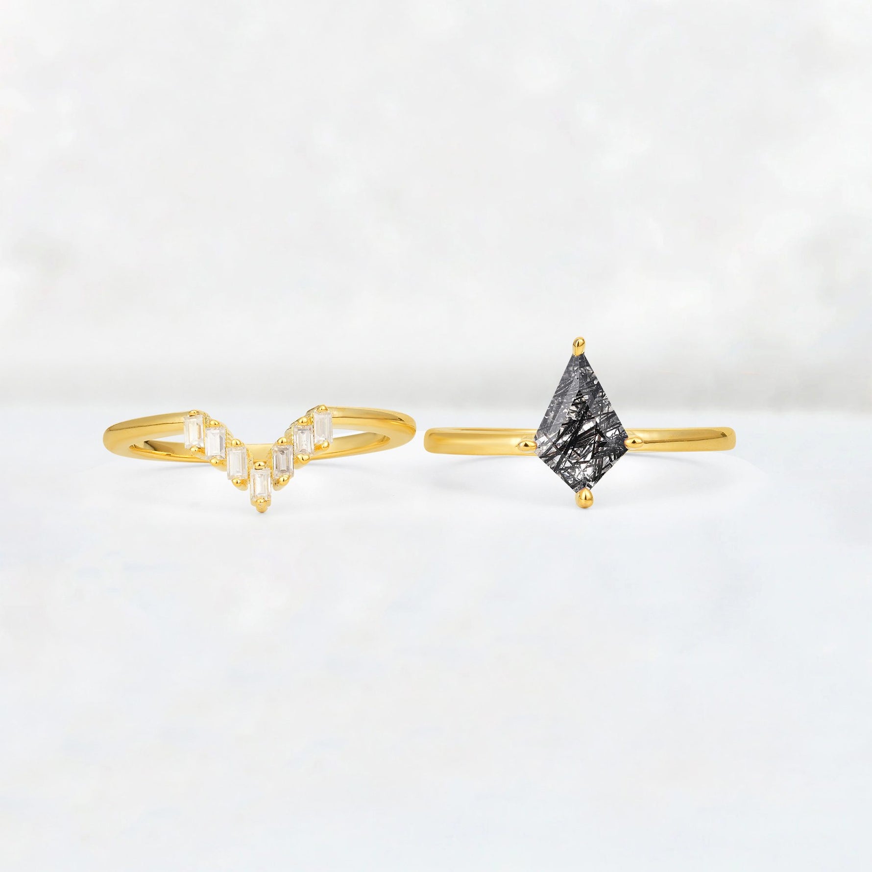 Kite Cut Black Rutilated Quartz Baguette Chevron Bridal Ring Set - White-Gold