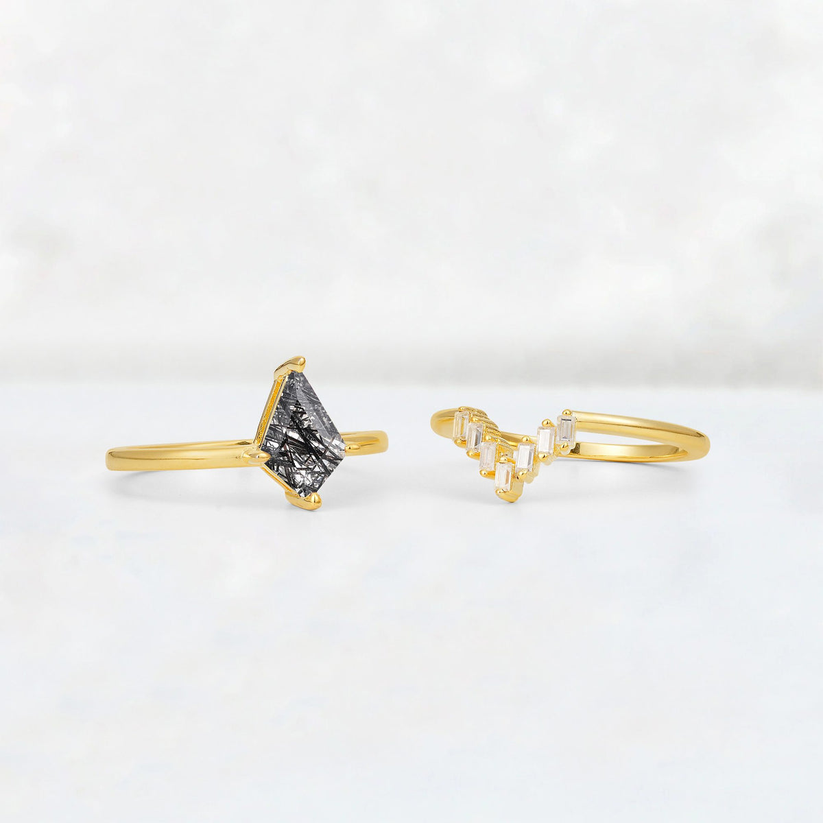 Kite Cut Black Rutilated Quartz Baguette Chevron Bridal Ring Set - Additional view