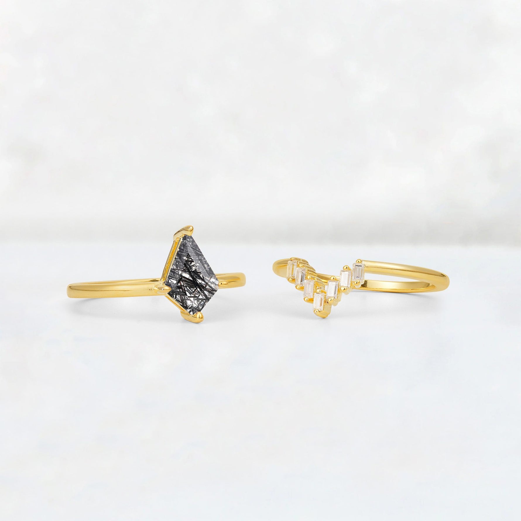 Kite Cut Black Rutilated Quartz Baguette Chevron Bridal Ring Set - Additional view
