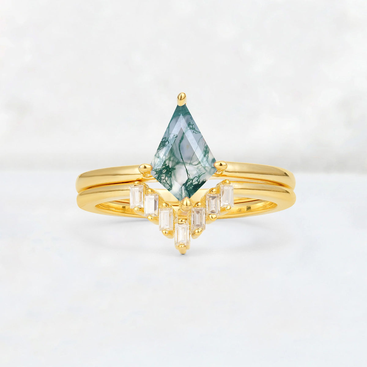 Kite Cut Moss Agate Baguette Chevron Bridal Ring Set - Yellow-Gold
