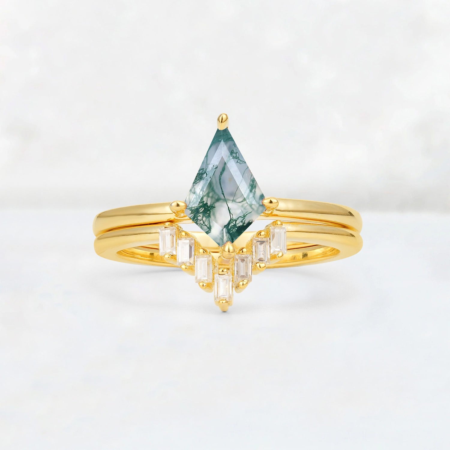 Kite Cut Moss Agate Baguette Chevron Bridal Ring Set - Yellow-Gold
