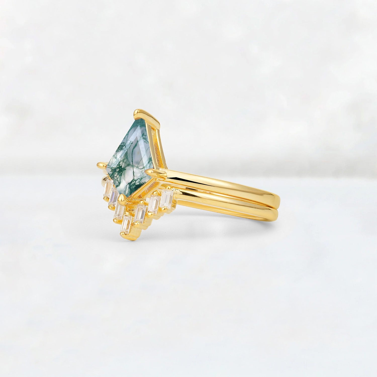 Kite Cut Moss Agate Baguette Chevron Bridal Ring Set - Rose-Gold