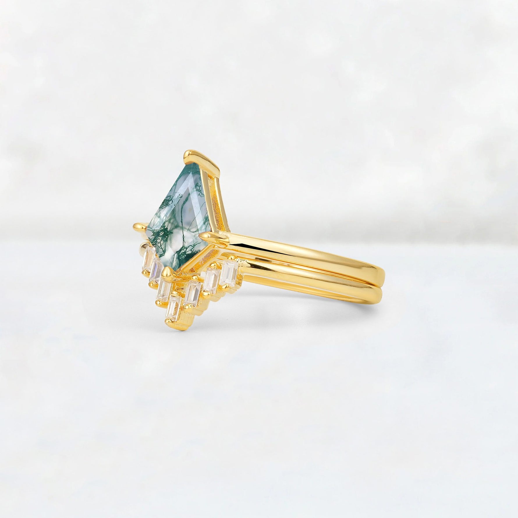 Kite Cut Moss Agate Baguette Chevron Bridal Ring Set - Rose-Gold