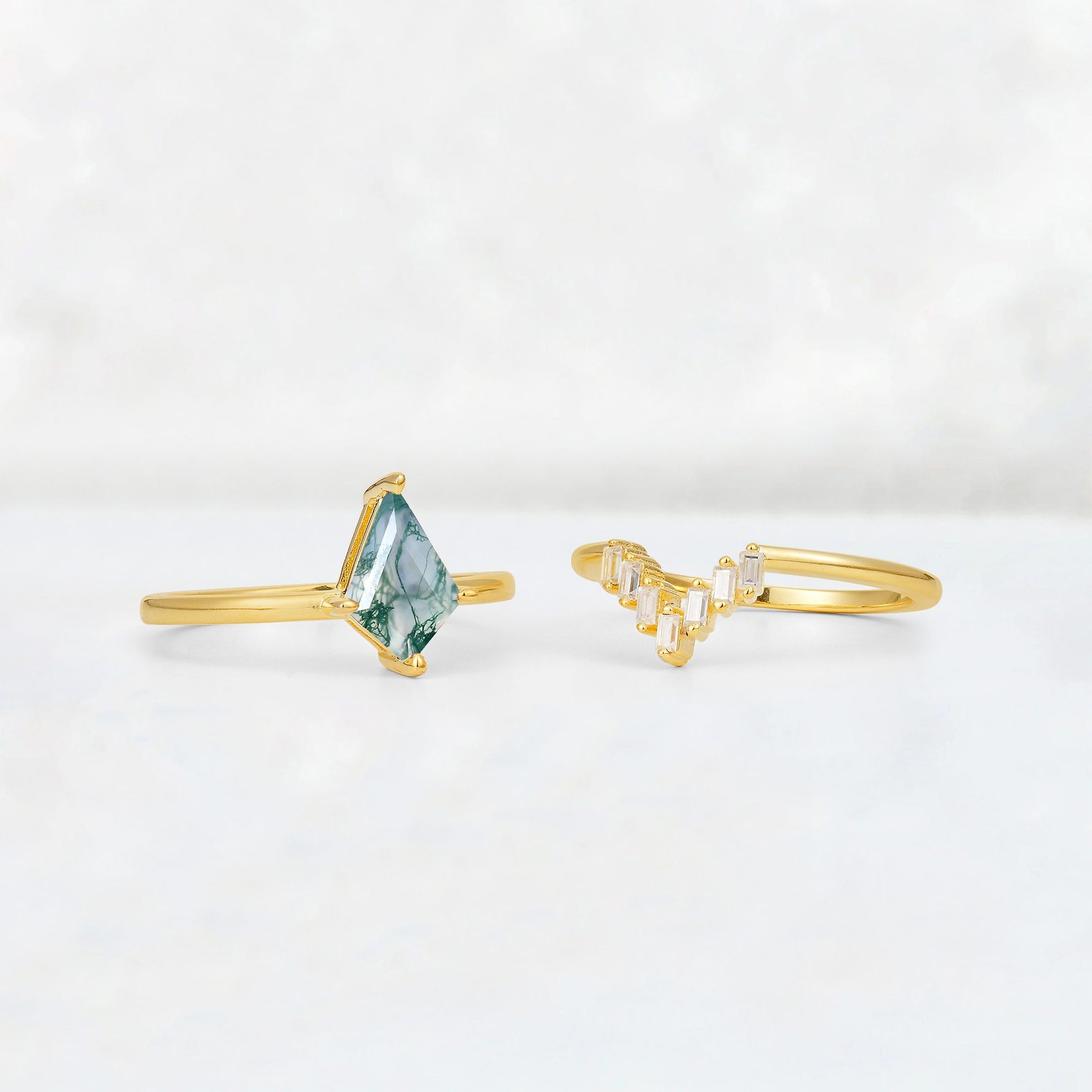 Kite Cut Moss Agate Baguette Chevron Bridal Ring Set - Additional view