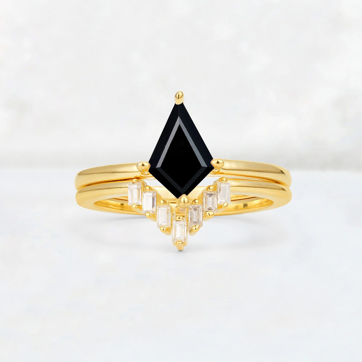 Kite Cut Black Onyx Baguette Chevron Bridal Ring Set - Yellow-Gold