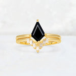 Kite Cut Black Onyx Baguette Chevron Bridal Ring Set - Yellow-Gold