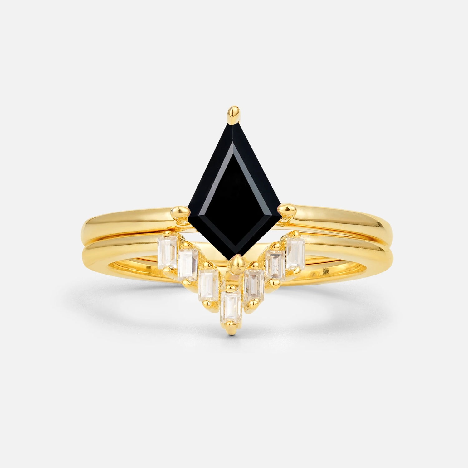 Kite Cut Black Onyx Baguette Chevron Bridal Ring Set - Yellow-Gold