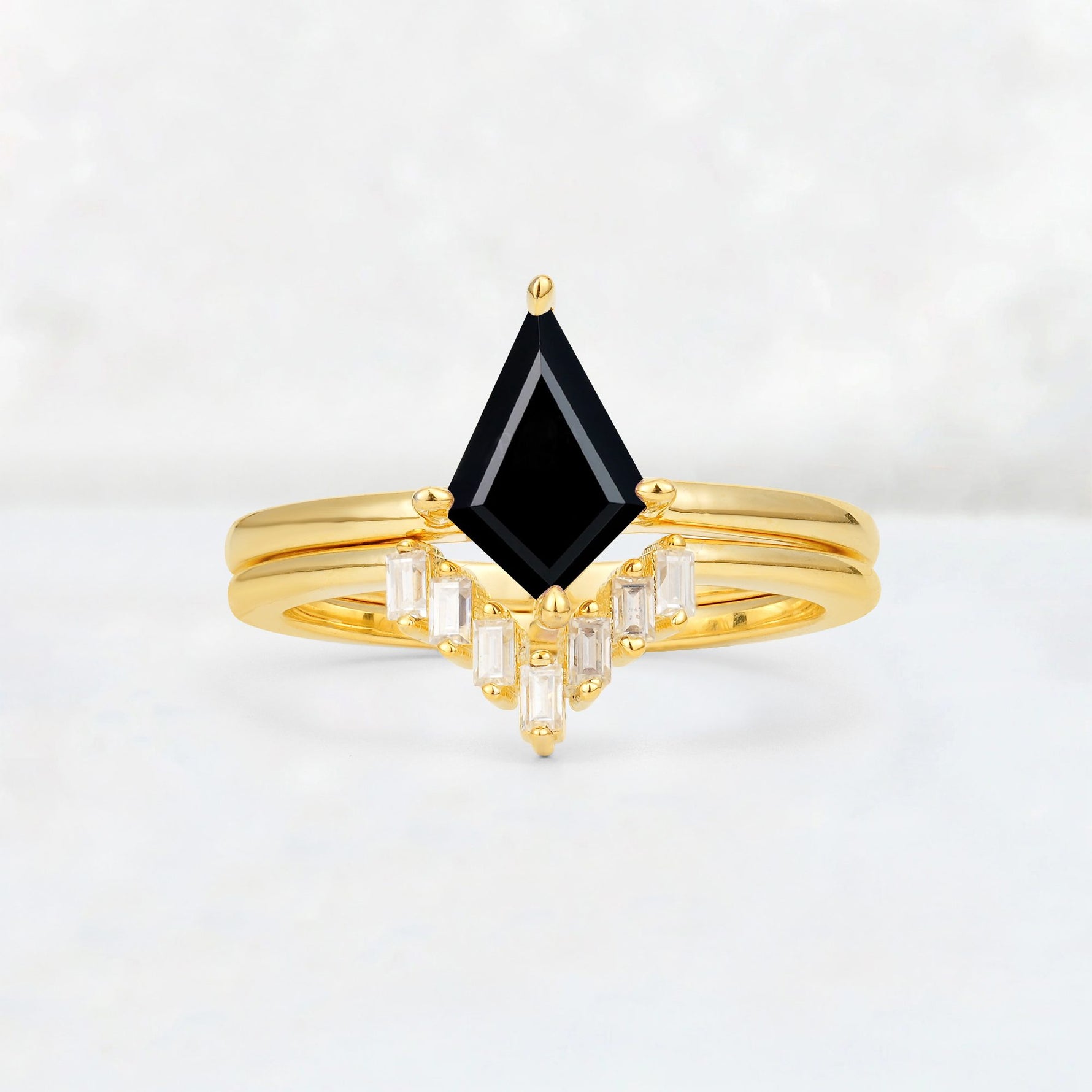 Kite Cut Black Onyx Baguette Chevron Bridal Ring Set - Yellow-Gold