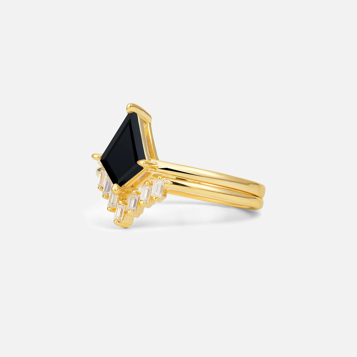 Kite Cut Black Onyx Baguette Chevron Bridal Ring Set - Rose-Gold