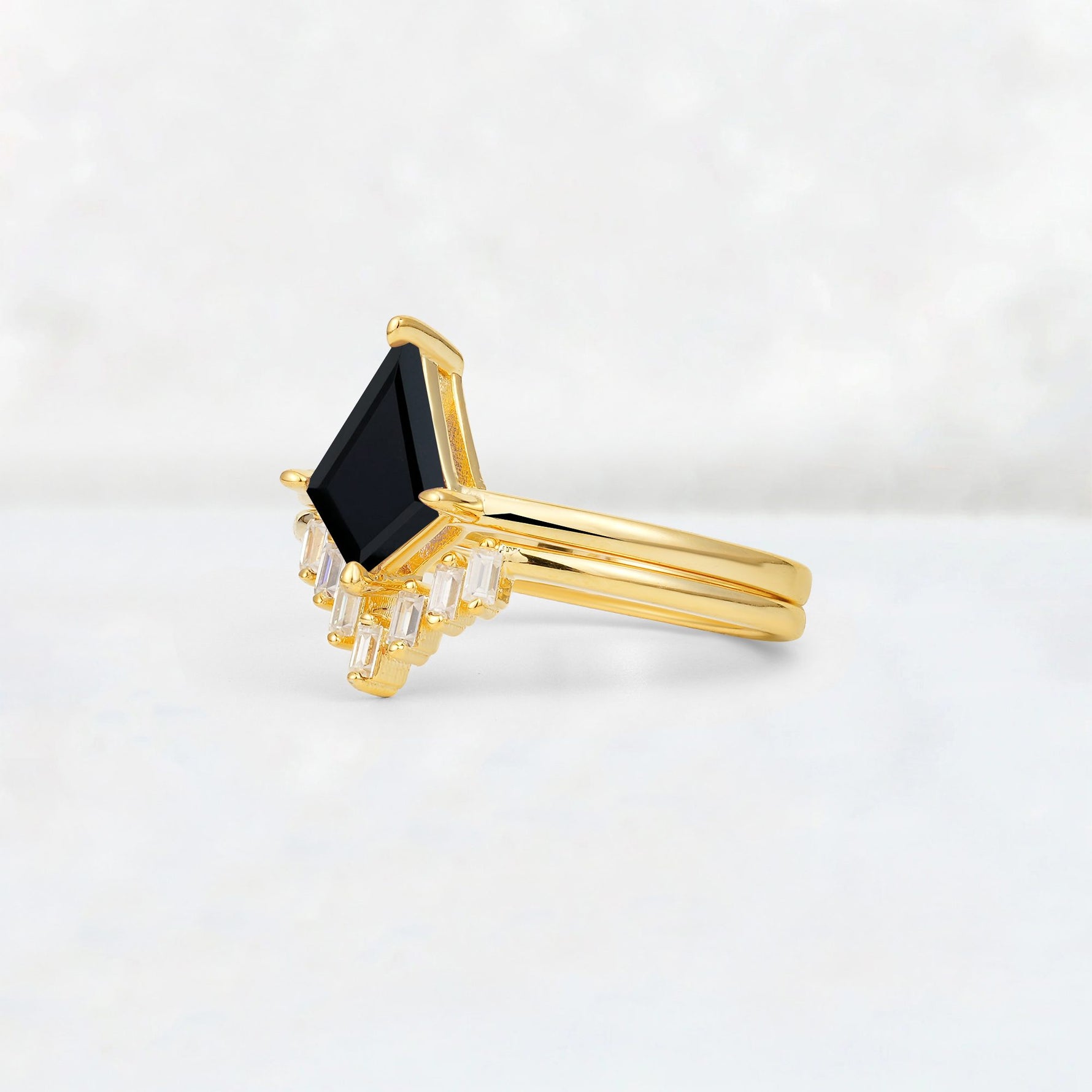 Kite Cut Black Onyx Baguette Chevron Bridal Ring Set - Rose-Gold