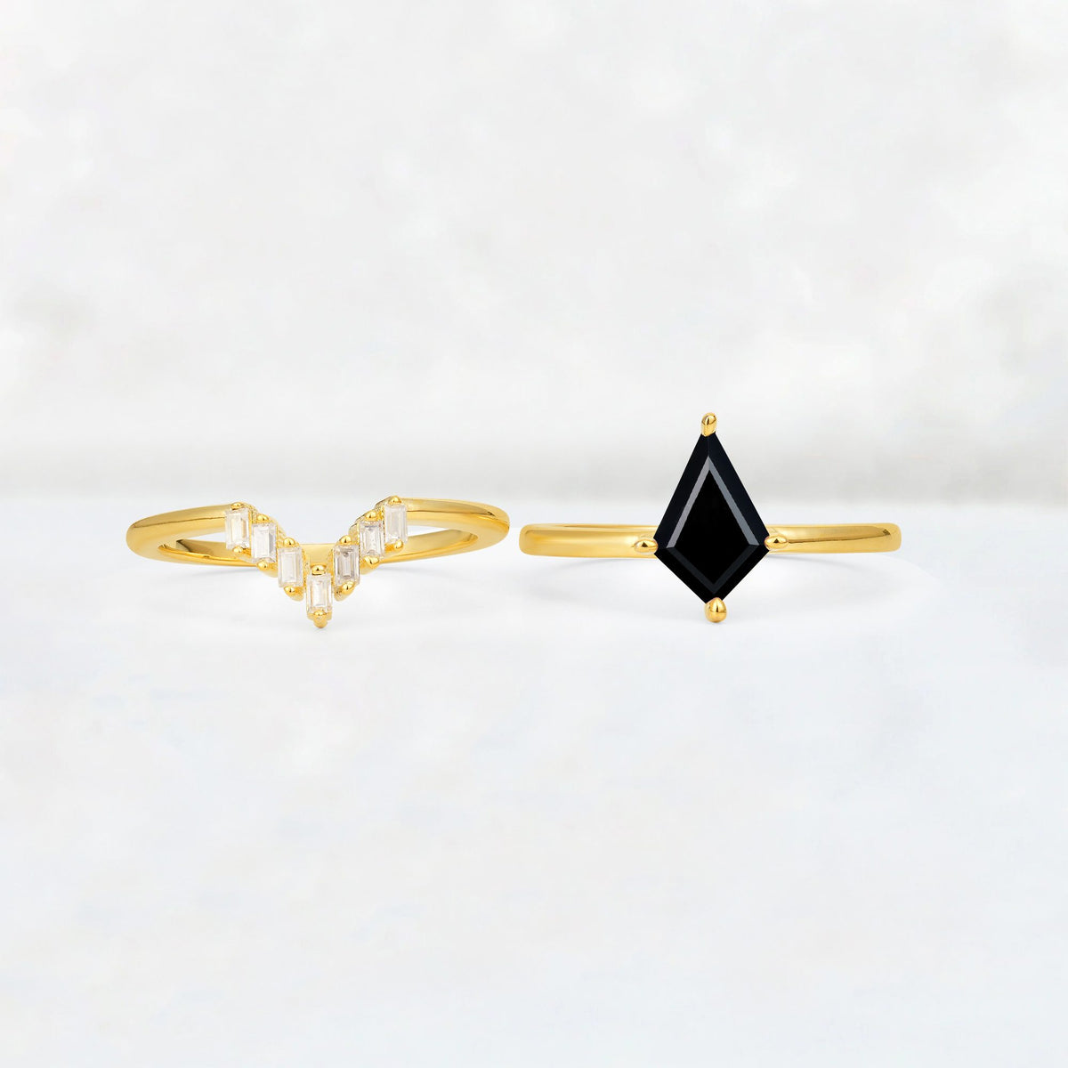Kite Cut Black Onyx Baguette Chevron Bridal Ring Set - White-Gold