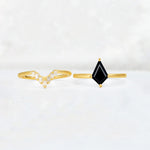 Kite Cut Black Onyx Baguette Chevron Bridal Ring Set - White-Gold