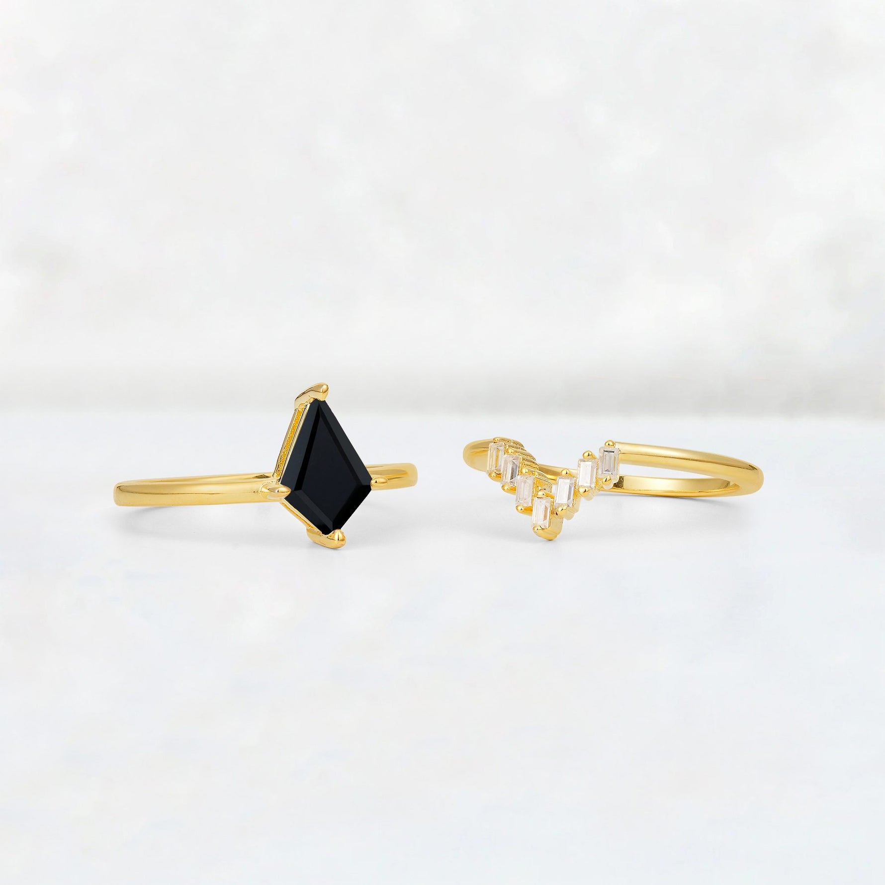 Kite Cut Black Onyx Baguette Chevron Bridal Ring Set - Additional view