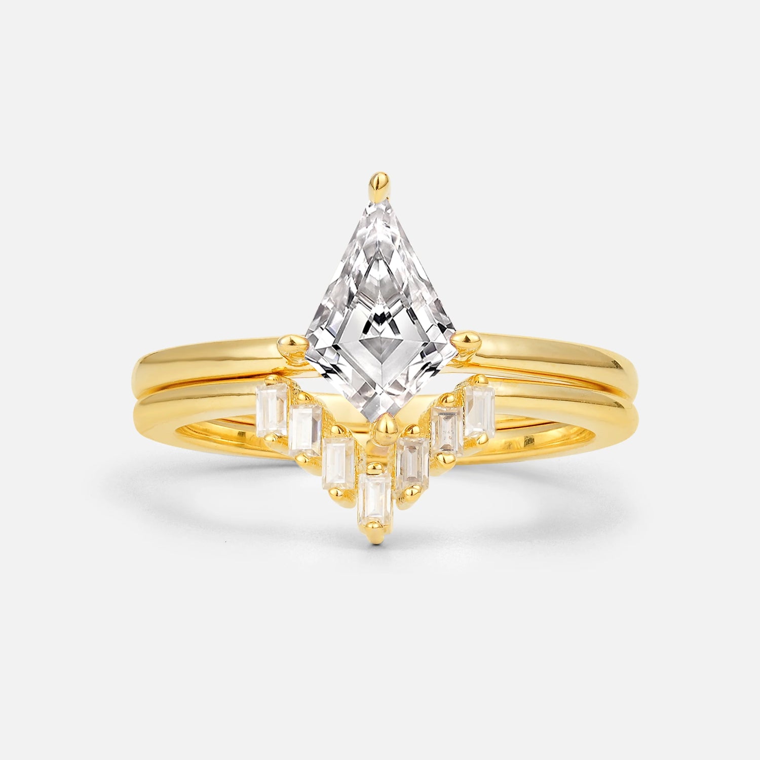 Kite Cut Lab Diamond Baguette Chevron Bridal Ring Set - Yellow-Gold