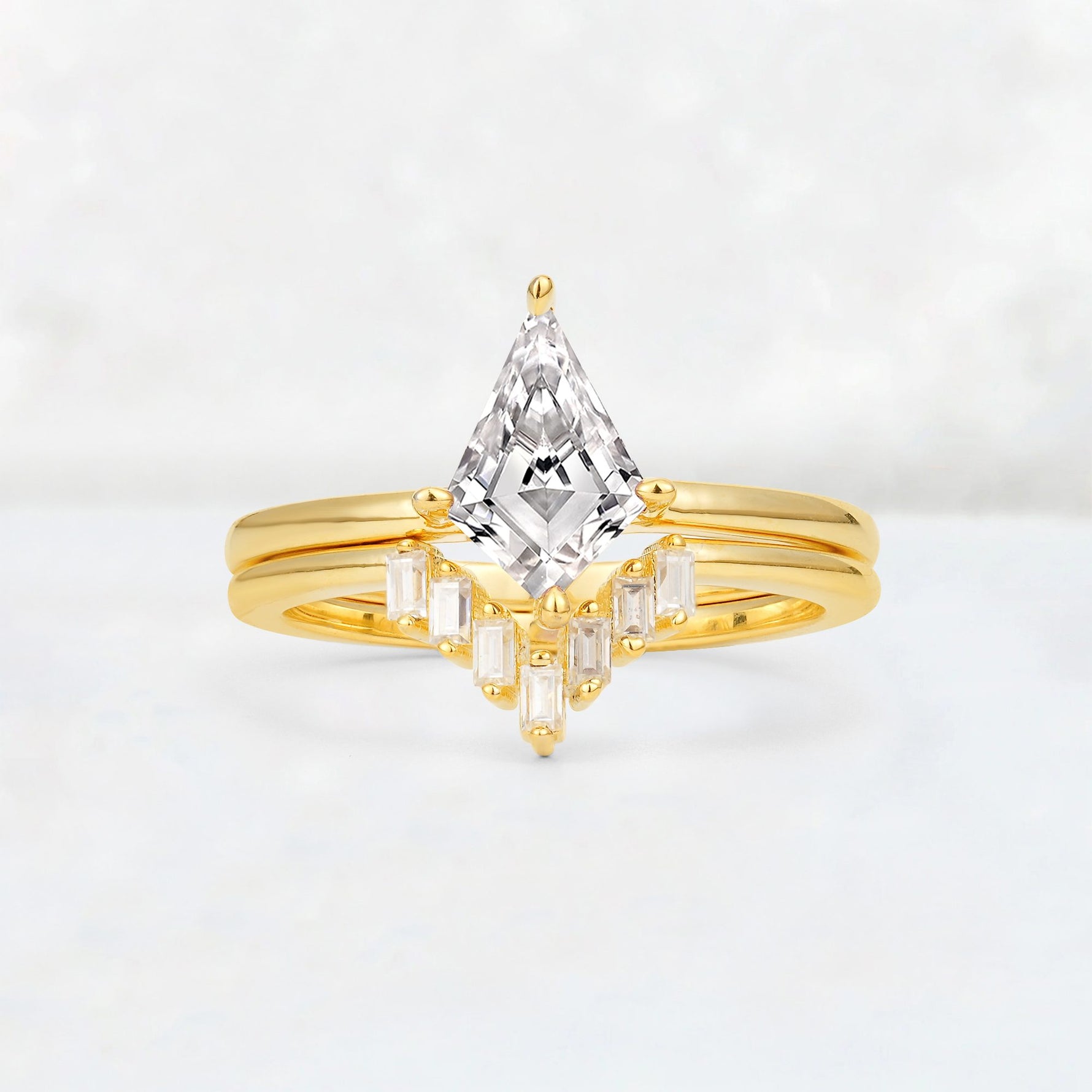 Kite Cut Lab Diamond Baguette Chevron Bridal Ring Set - Yellow-Gold