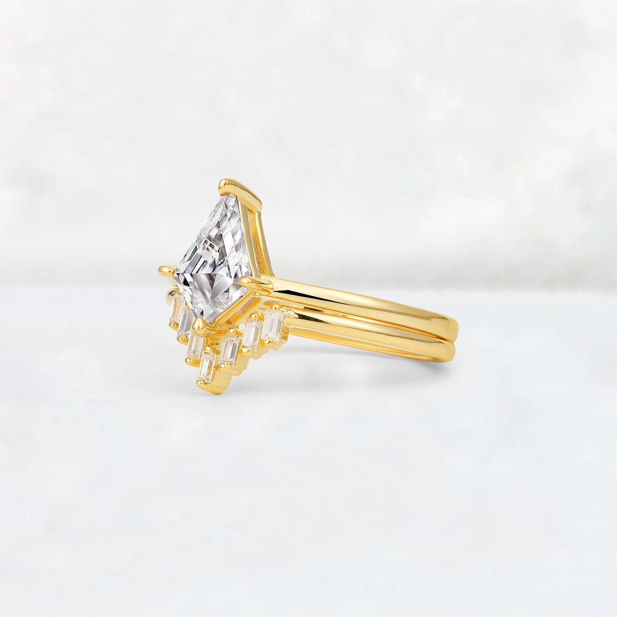 Kite Cut Lab Diamond Baguette Chevron Bridal Ring Set - Rose-Gold