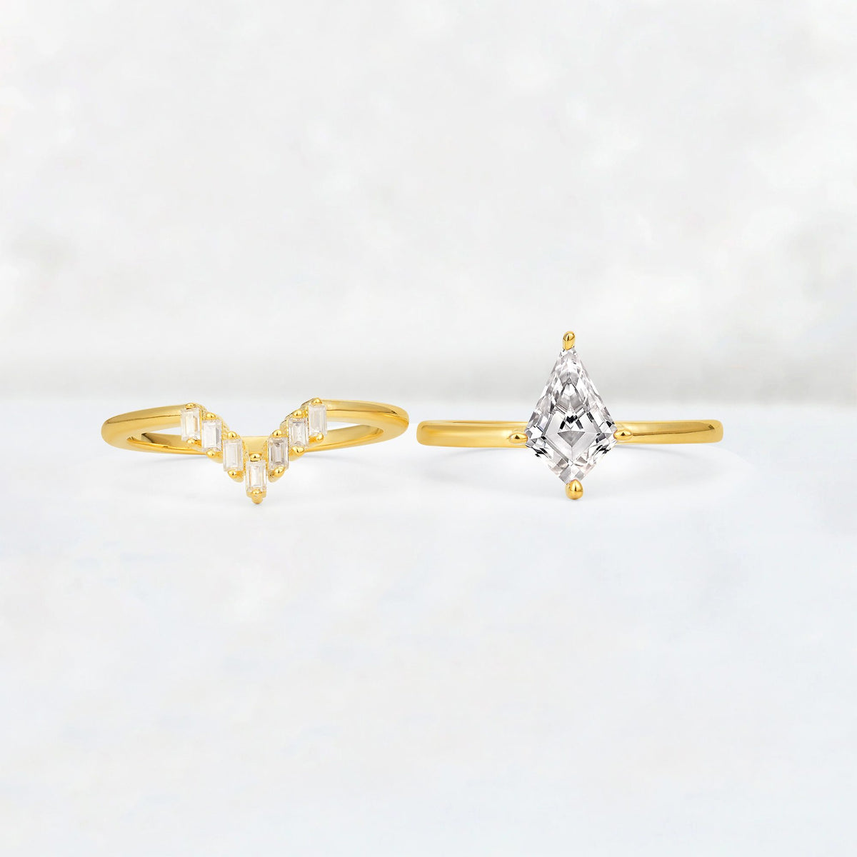 Kite Cut Lab Diamond Baguette Chevron Bridal Ring Set - White-Gold