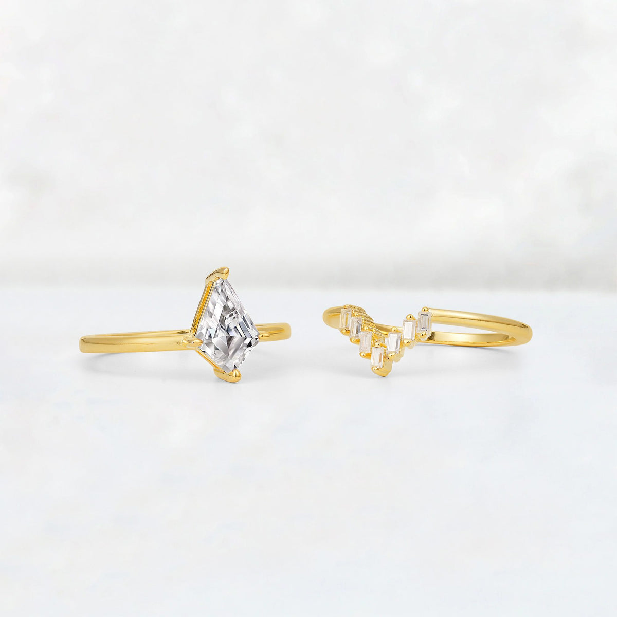 Kite Cut Lab Diamond Baguette Chevron Bridal Ring Set - Additional view