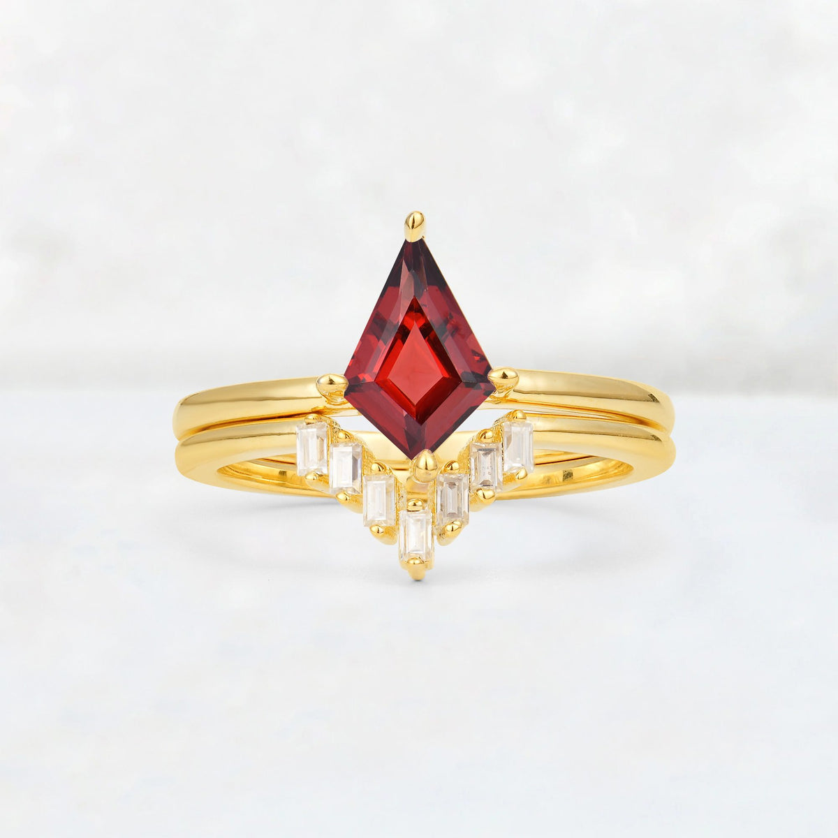 Kite Cut Garnet Baguette Chevron Bridal Ring Set - Yellow-Gold
