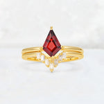 Kite Cut Garnet Baguette Chevron Bridal Ring Set - Yellow-Gold