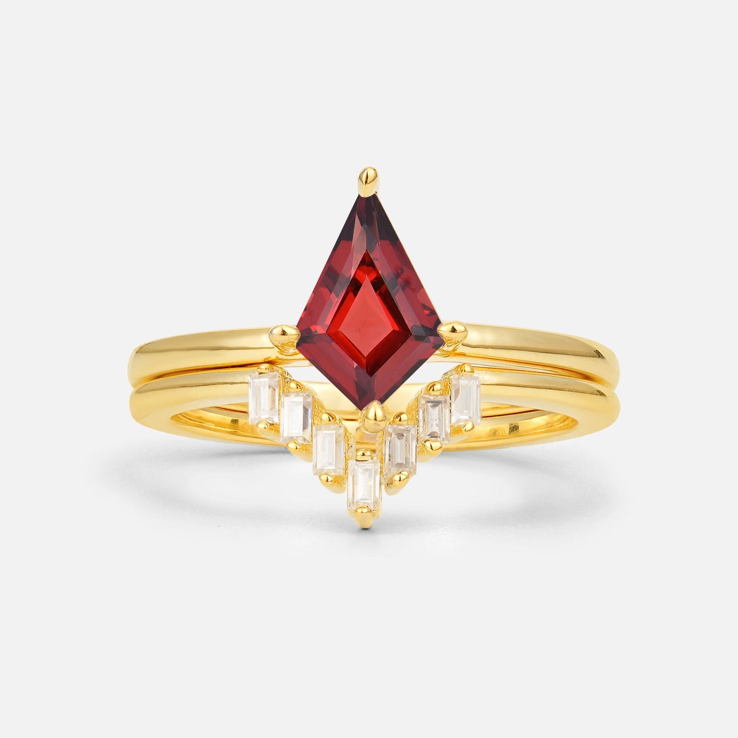 Kite Cut Garnet Baguette Chevron Bridal Ring Set - Yellow-Gold