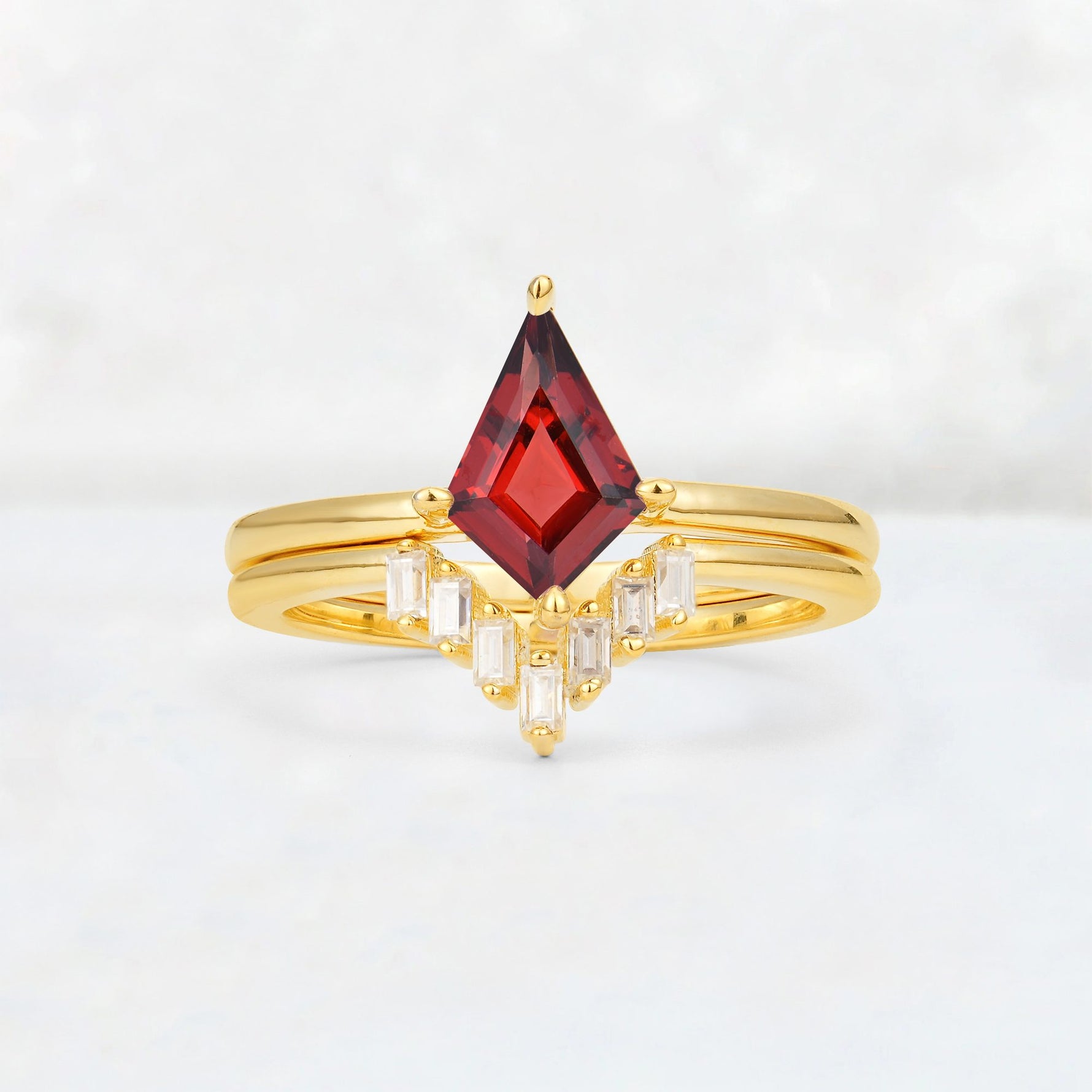 Kite Cut Garnet Baguette Chevron Bridal Ring Set - Yellow-Gold