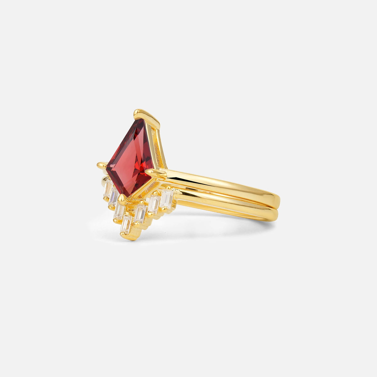 Kite Cut Garnet Baguette Chevron Bridal Ring Set - Rose-Gold