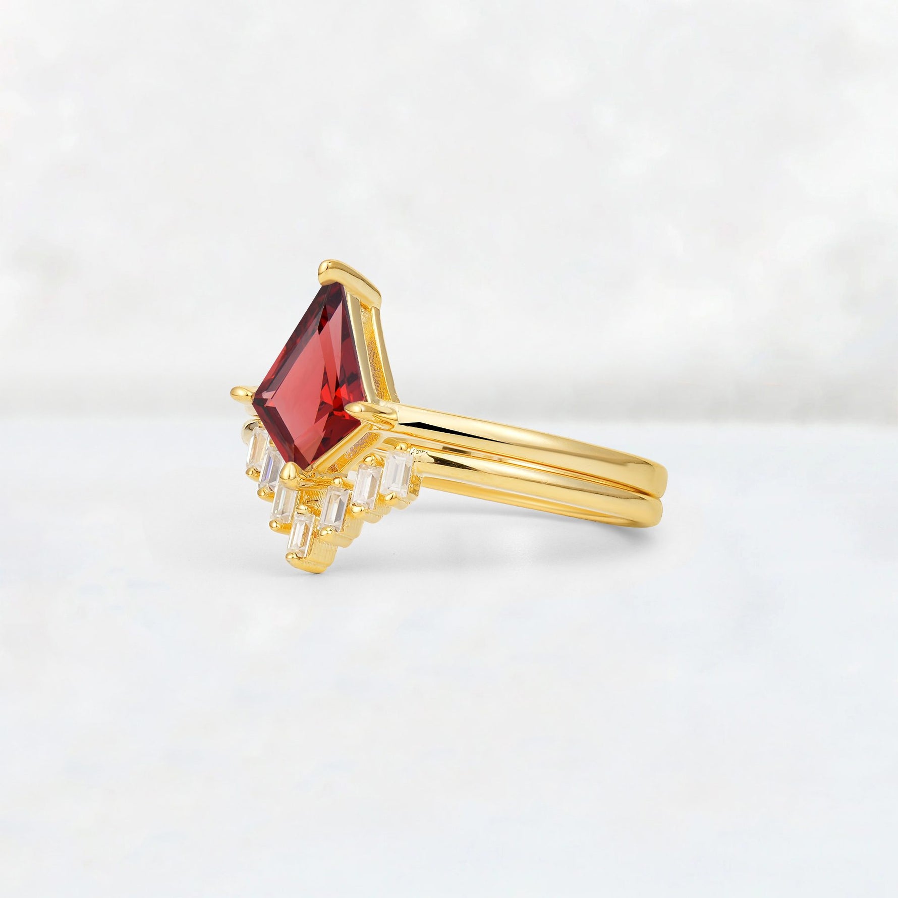 Kite Cut Garnet Baguette Chevron Bridal Ring Set - Rose-Gold