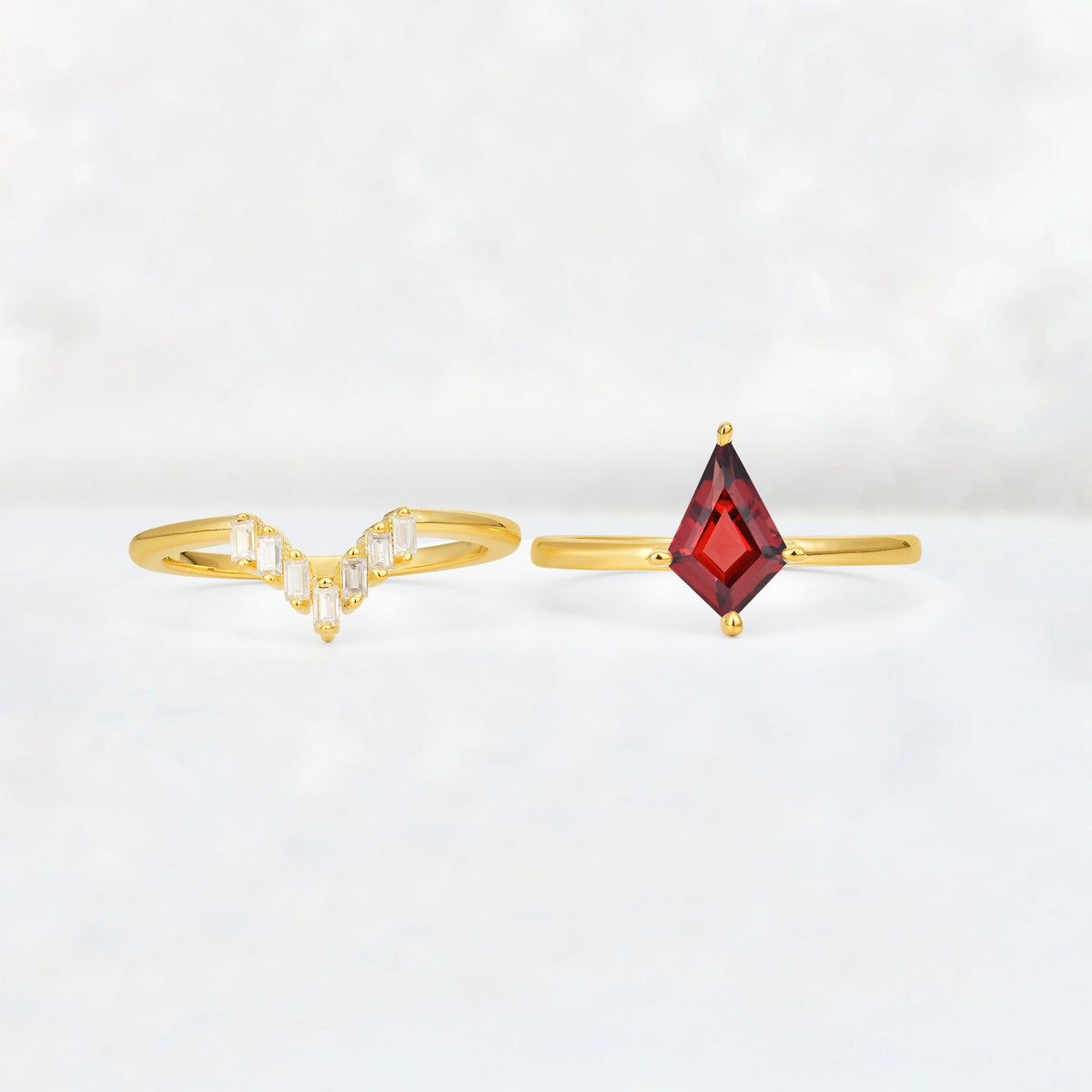 Kite Cut Garnet Baguette Chevron Bridal Ring Set - White-Gold