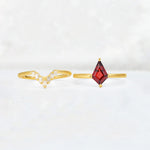 Kite Cut Garnet Baguette Chevron Bridal Ring Set - White-Gold