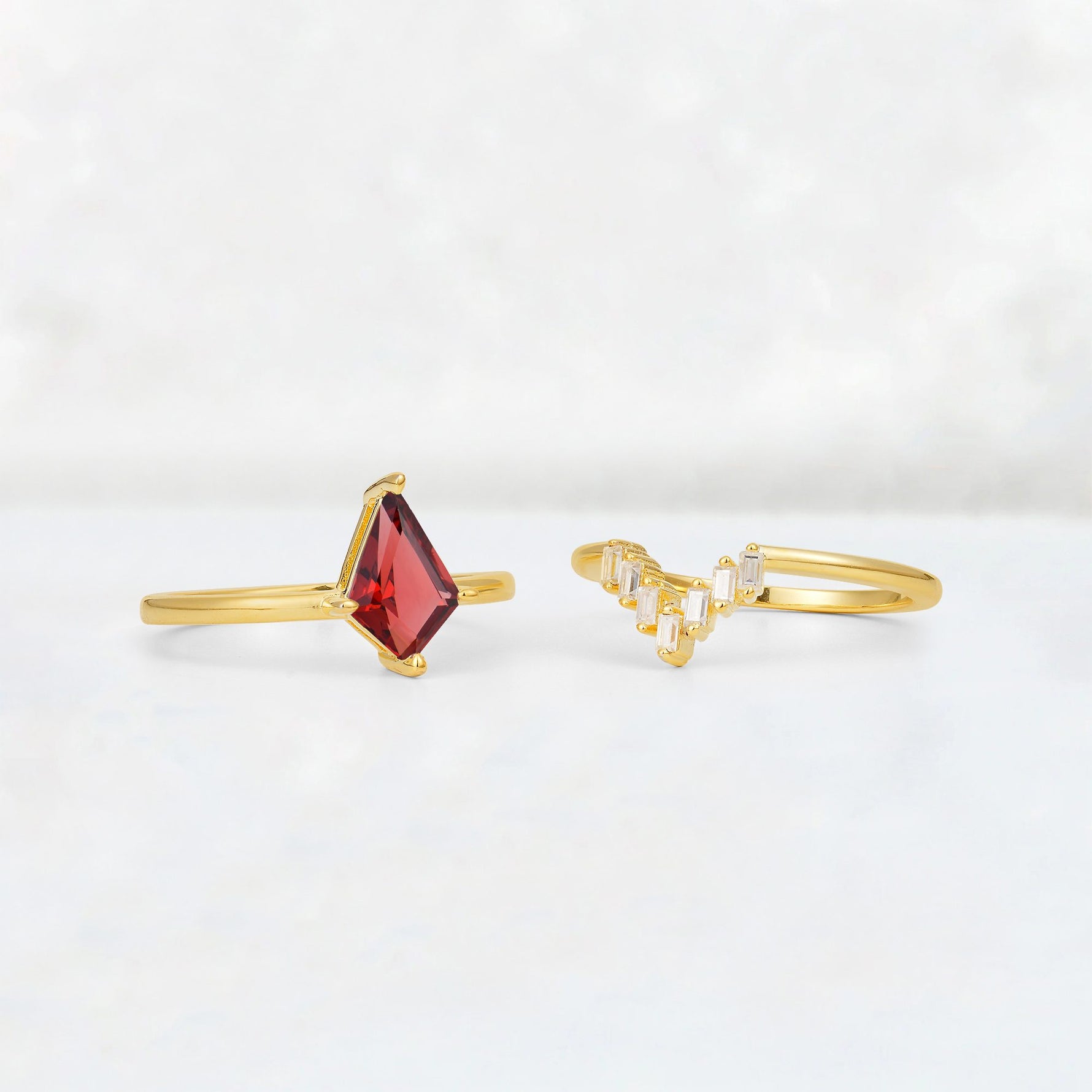 Kite Cut Garnet Baguette Chevron Bridal Ring Set - Additional view