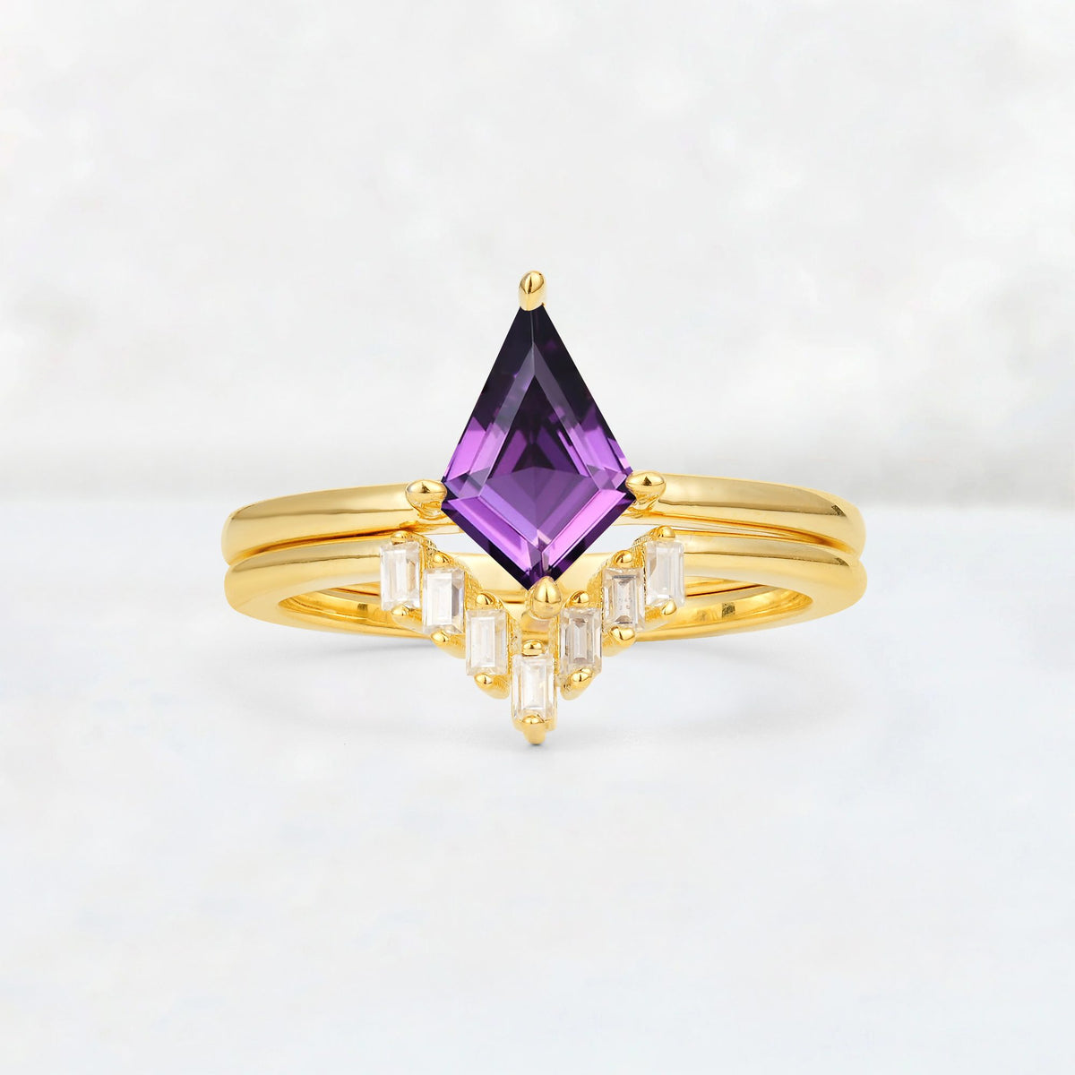 Kite Cut Amethyst Baguette Chevron Bridal Ring Set - Yellow-Gold