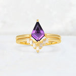 Kite Cut Amethyst Baguette Chevron Bridal Ring Set - Yellow-Gold