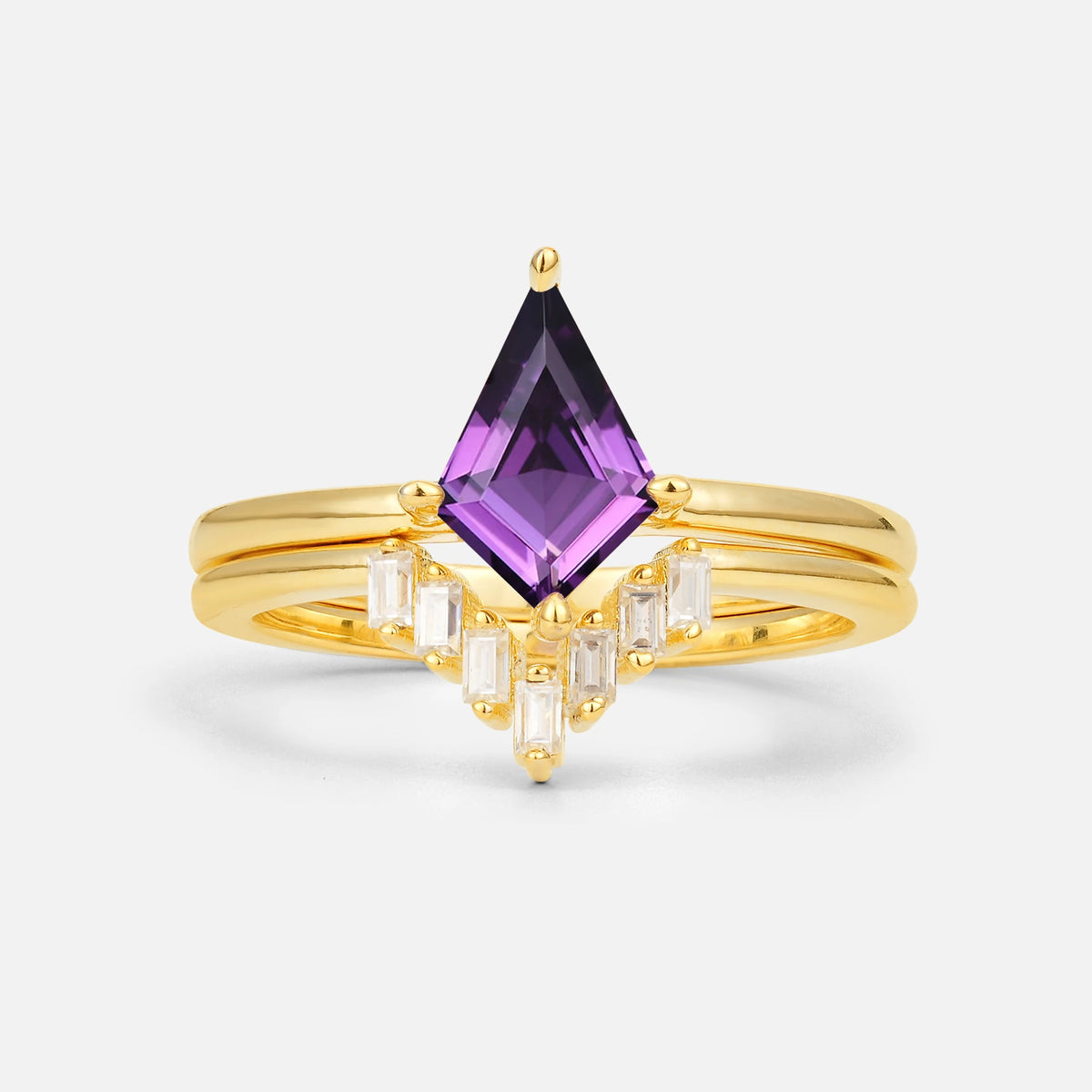 Kite Cut Amethyst Baguette Chevron Bridal Ring Set - Yellow-Gold