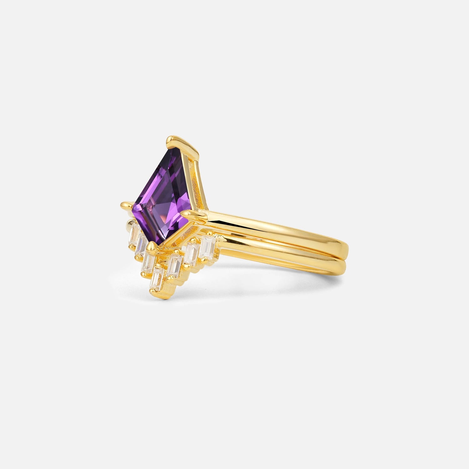 Kite Cut Amethyst Baguette Chevron Bridal Ring Set - Rose-Gold