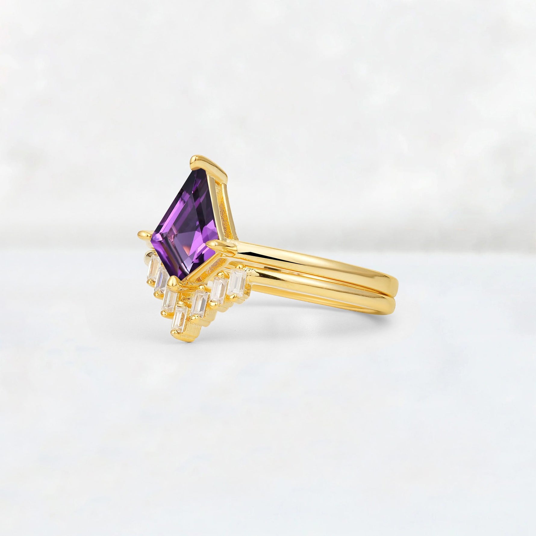 Kite Cut Amethyst Baguette Chevron Bridal Ring Set - Rose-Gold